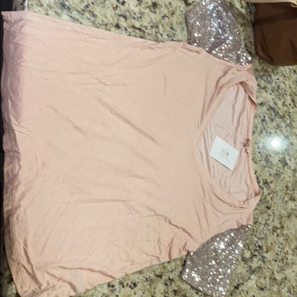 Coral Tshirt with Sequin Sleeves